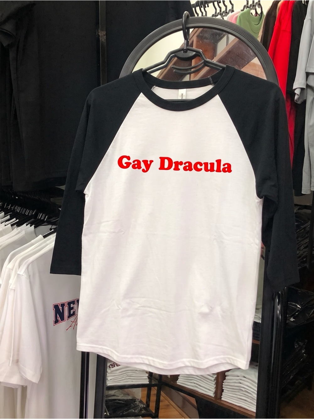 Bella Canvas Black & White Raglan Tee with Red Text